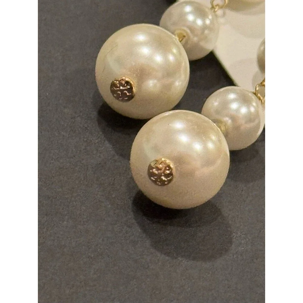 NWT Tory Burch Crystal Double T Logo Graduated Pearl Linear Drop Earrings 3